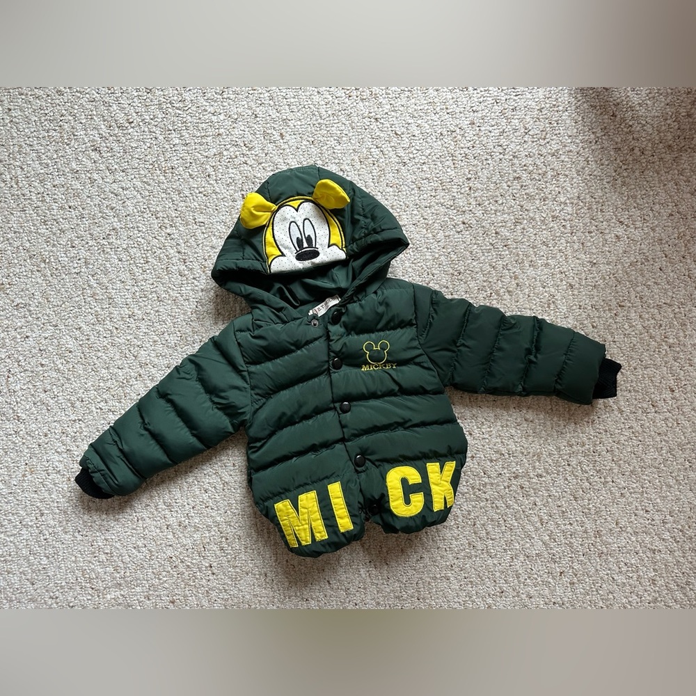 Kids Boys Dark Green Mickey Mouse Cartoon Winter Puffer Jacket Coat